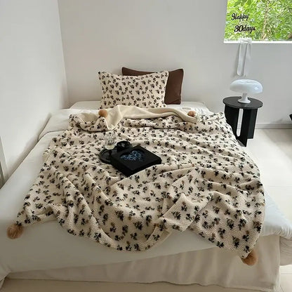 Cherry embroidered cream sheep rollie loop fleece blanket bedroom pom-pom