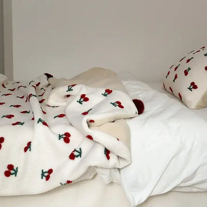 Cherry embroidered cream sheep rollie loop fleece blanket bedroom pom-pom