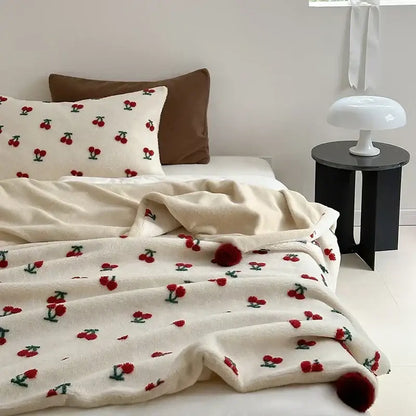 Cherry embroidered cream sheep rollie loop fleece blanket bedroom pom-pom