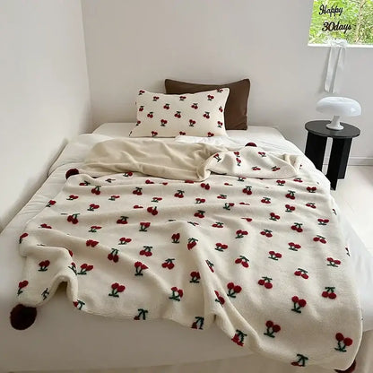 Cherry embroidered cream sheep rollie loop fleece blanket bedroom pom-pom