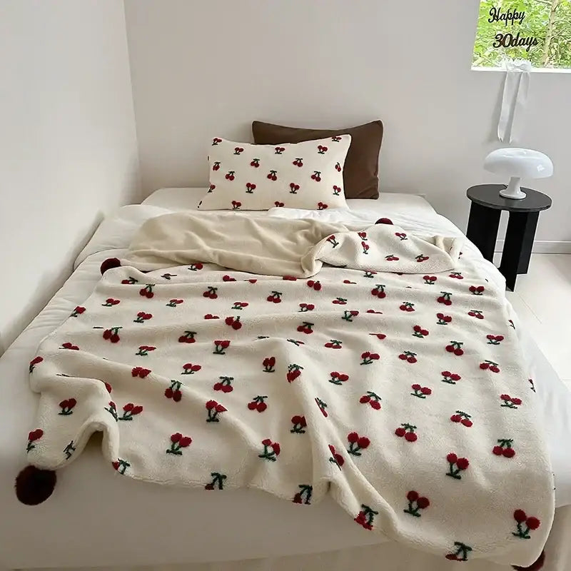 Cherry embroidered cream sheep rollie loop fleece blanket bedroom pom-pom