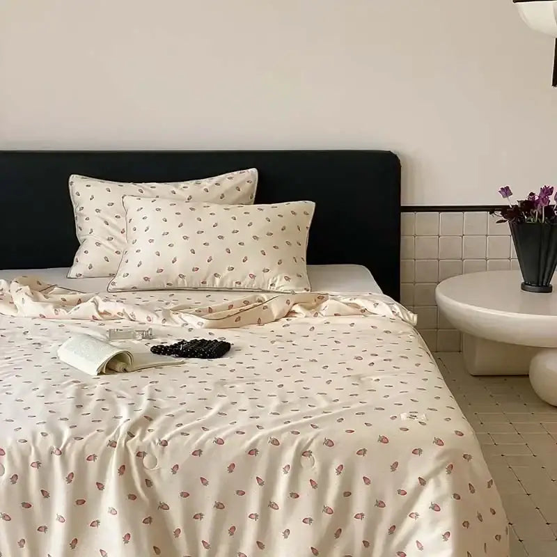 Cherry embroidery white & red cooling quilt bedroom blanket