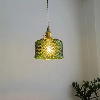 Chevron green glass pendant light – kitchen brass hanging lamp