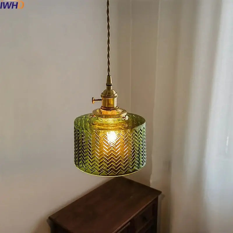 Chevron green glass pendant light – kitchen brass hanging lamp