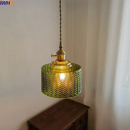 Chevron green glass pendant light – kitchen brass hanging lamp