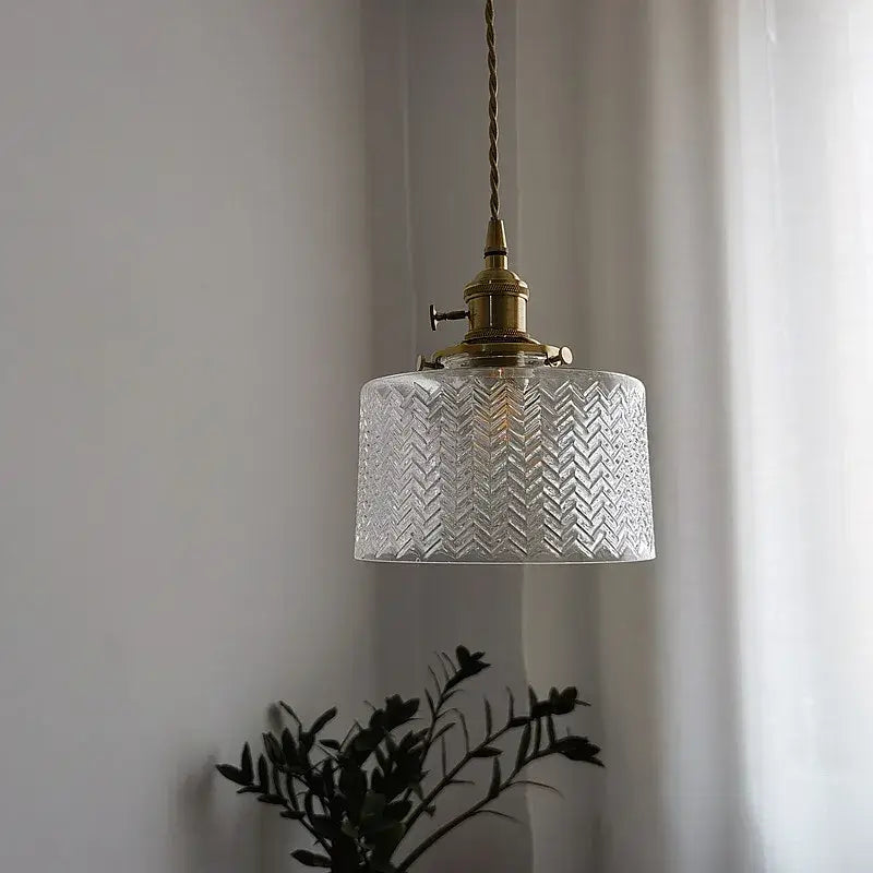 Chevron green glass pendant light – kitchen brass hanging lamp