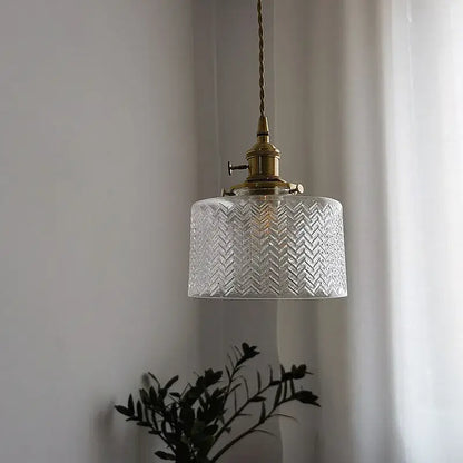 Chevron green glass pendant light – kitchen brass hanging lamp