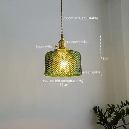 Chevron green glass pendant light – kitchen brass hanging lamp