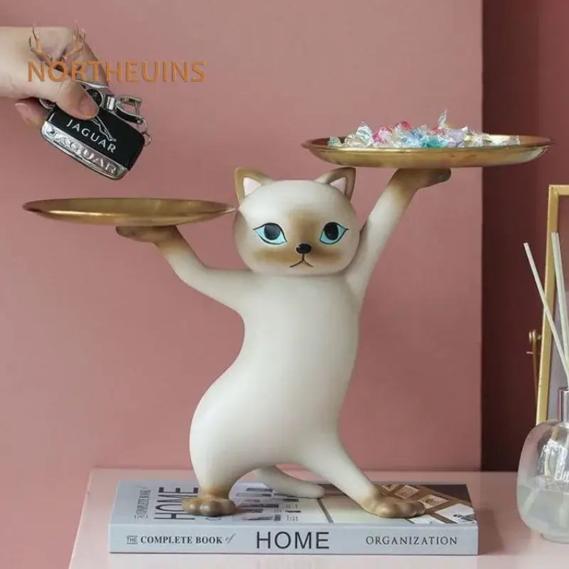 Chic cream and gold cat resin tray living room decor accessory