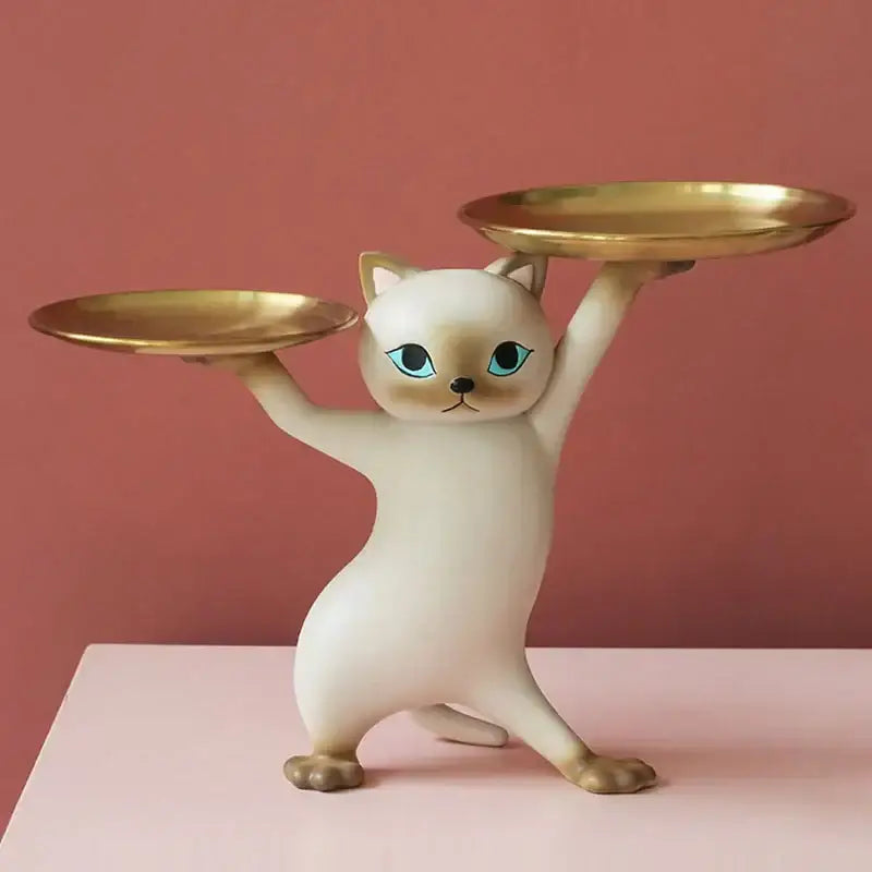 Chic cream and gold cat resin tray living room decor accessory