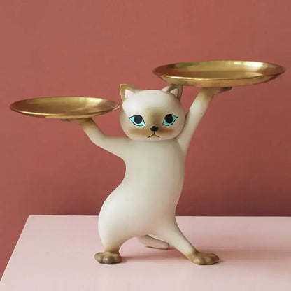 Chic cream and gold cat resin tray living room decor accessory
