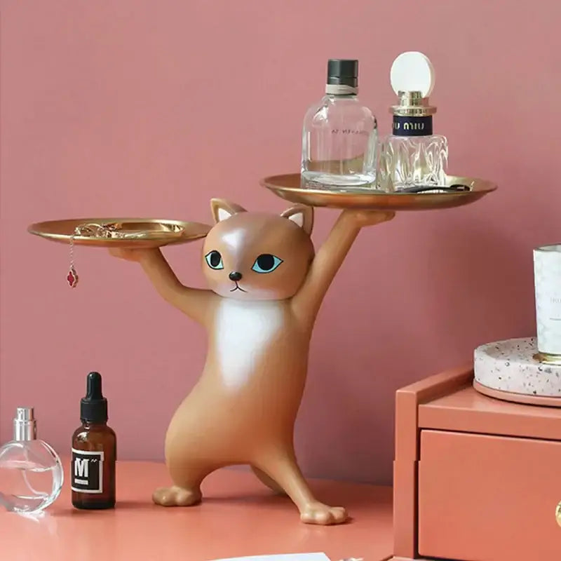 Chic cream and gold cat resin tray living room decor accessory