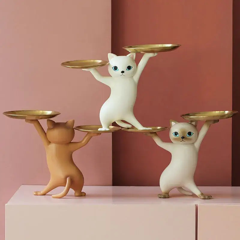 Chic cream and gold cat resin tray living room decor accessory