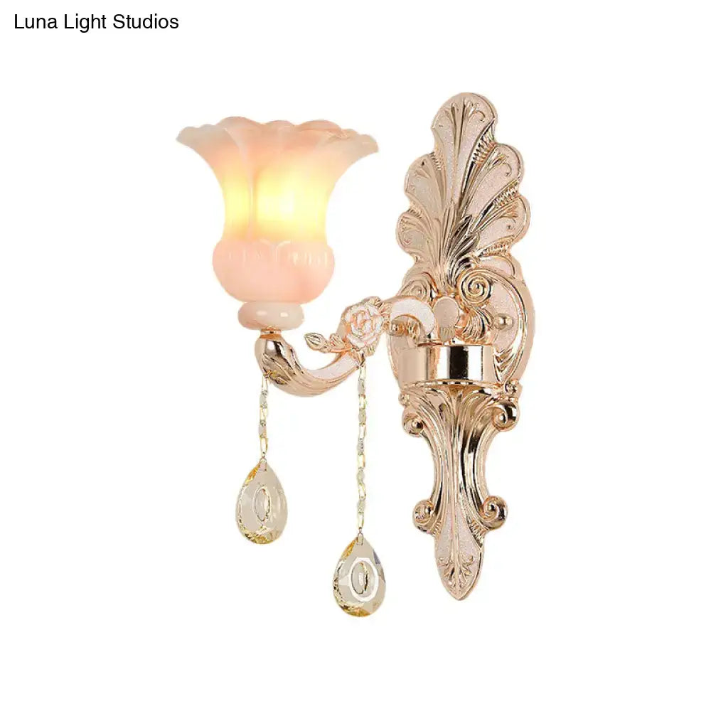 Chic gold and pink crystal wall lamp bedroom flower sconce