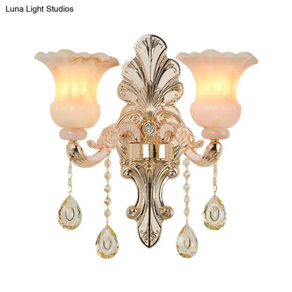 Chic gold and pink crystal wall lamp bedroom flower sconce