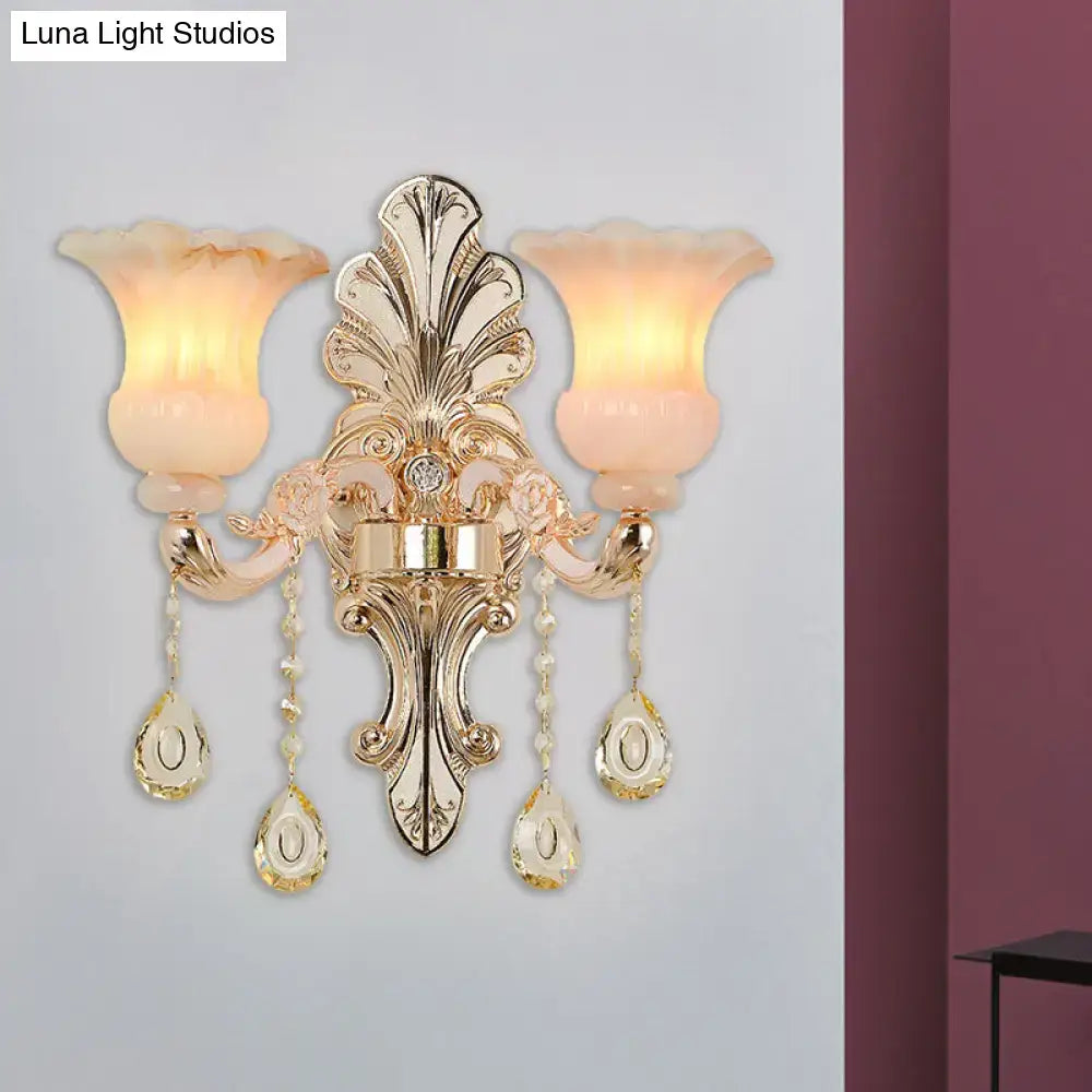 Chic gold and pink crystal wall lamp bedroom flower sconce