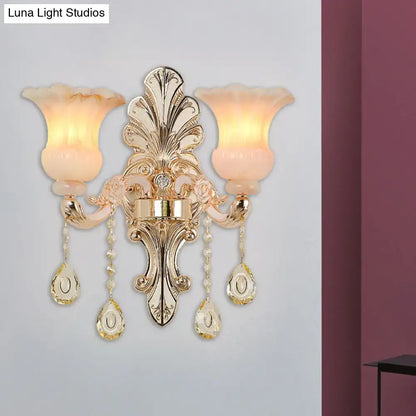 Chic gold and pink crystal wall lamp bedroom flower sconce