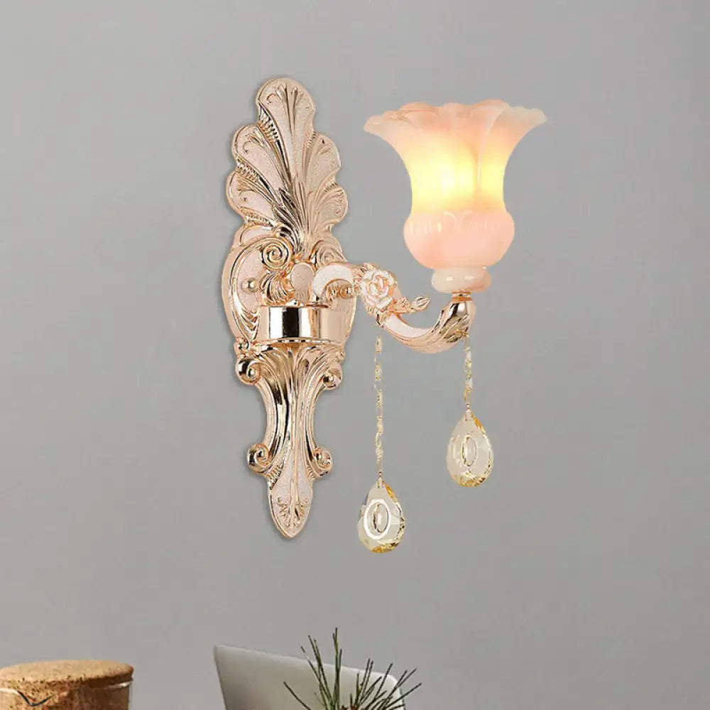 Chic gold and pink crystal wall lamp bedroom flower sconce