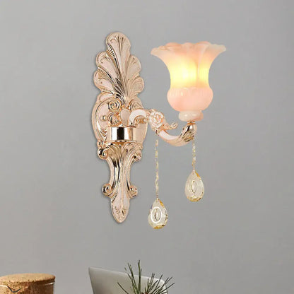 Chic gold and pink crystal wall lamp bedroom flower sconce