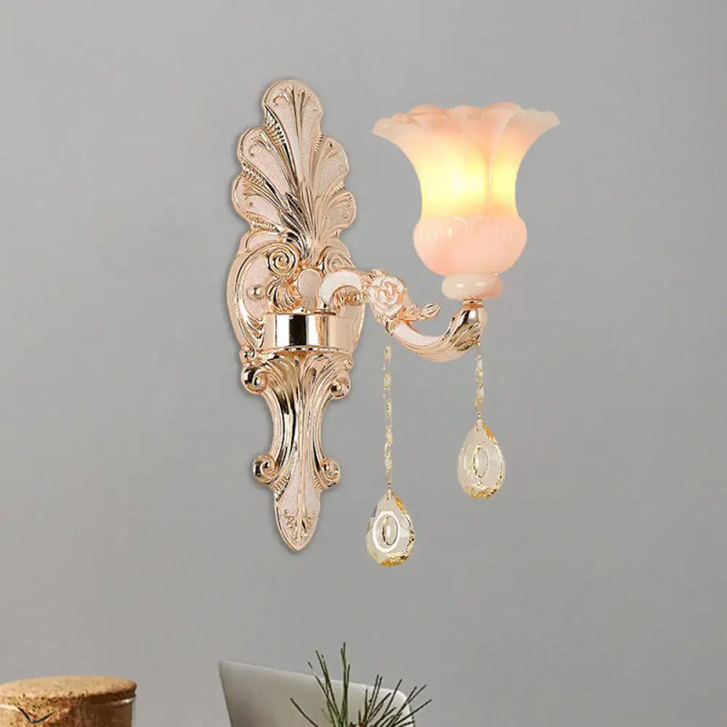 Chic gold and pink crystal wall lamp bedroom flower sconce