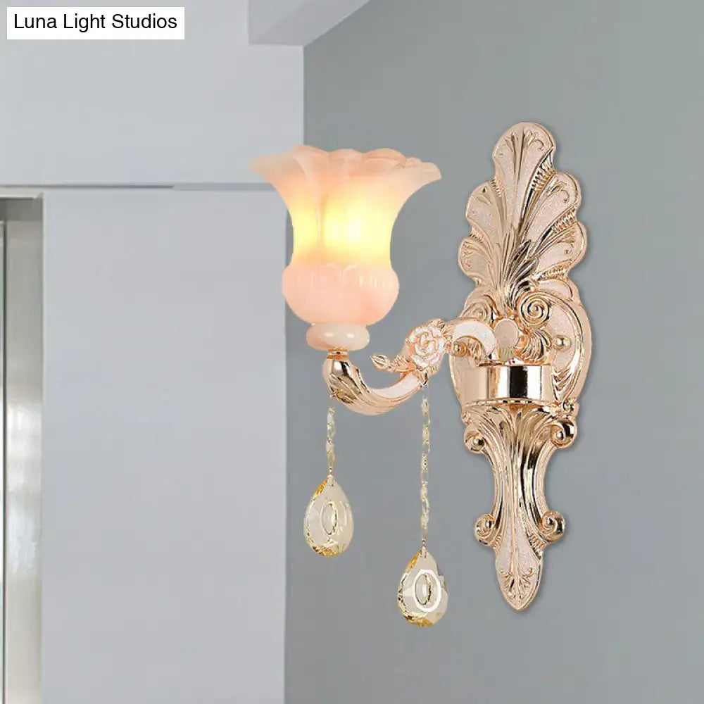 Chic gold and pink crystal wall lamp bedroom flower sconce