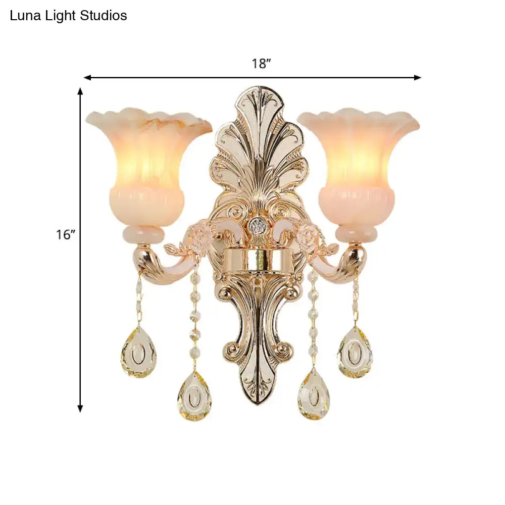 Chic gold and pink crystal wall lamp bedroom flower sconce