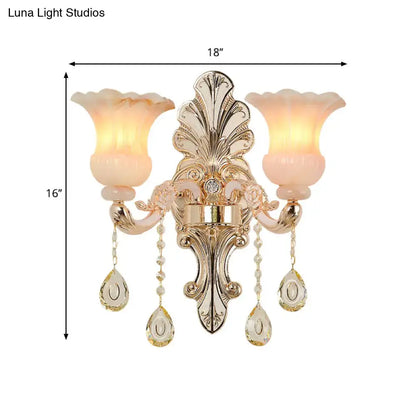 Chic gold and pink crystal wall lamp bedroom flower sconce