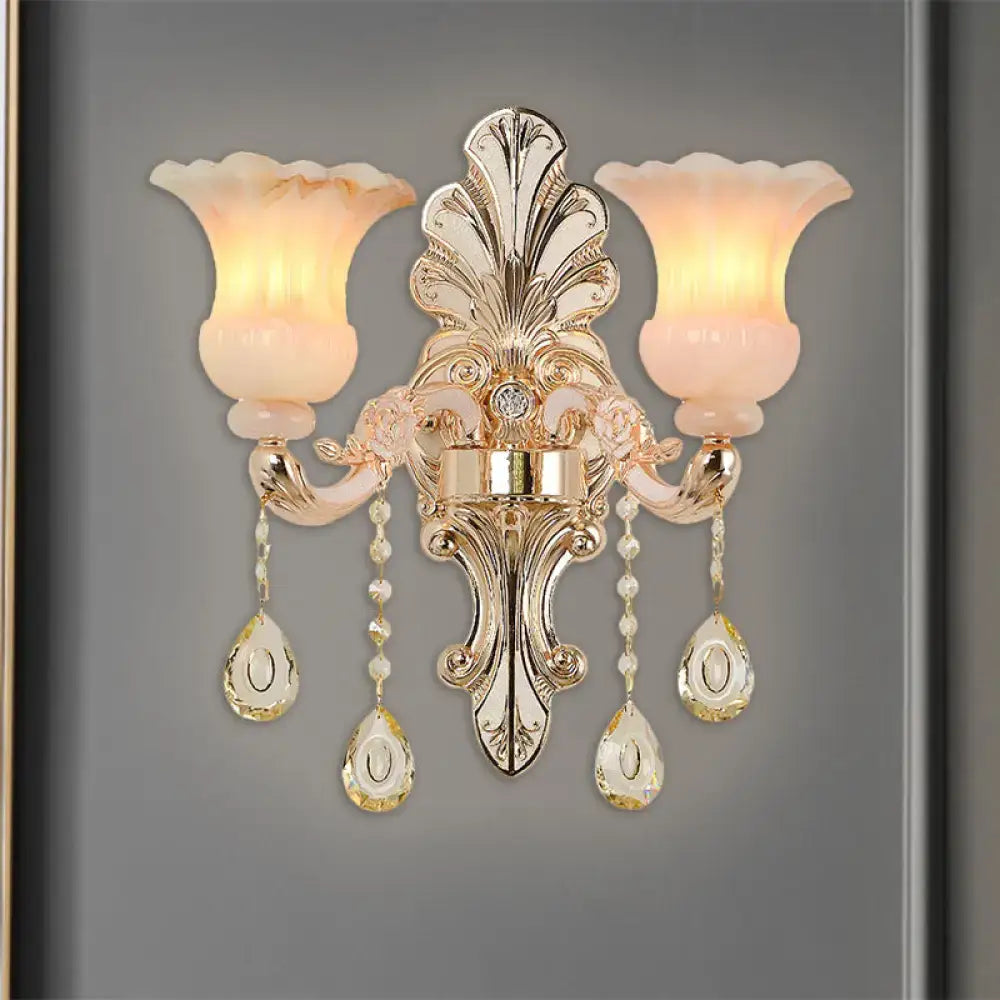 Chic gold and pink crystal wall lamp bedroom flower sconce
