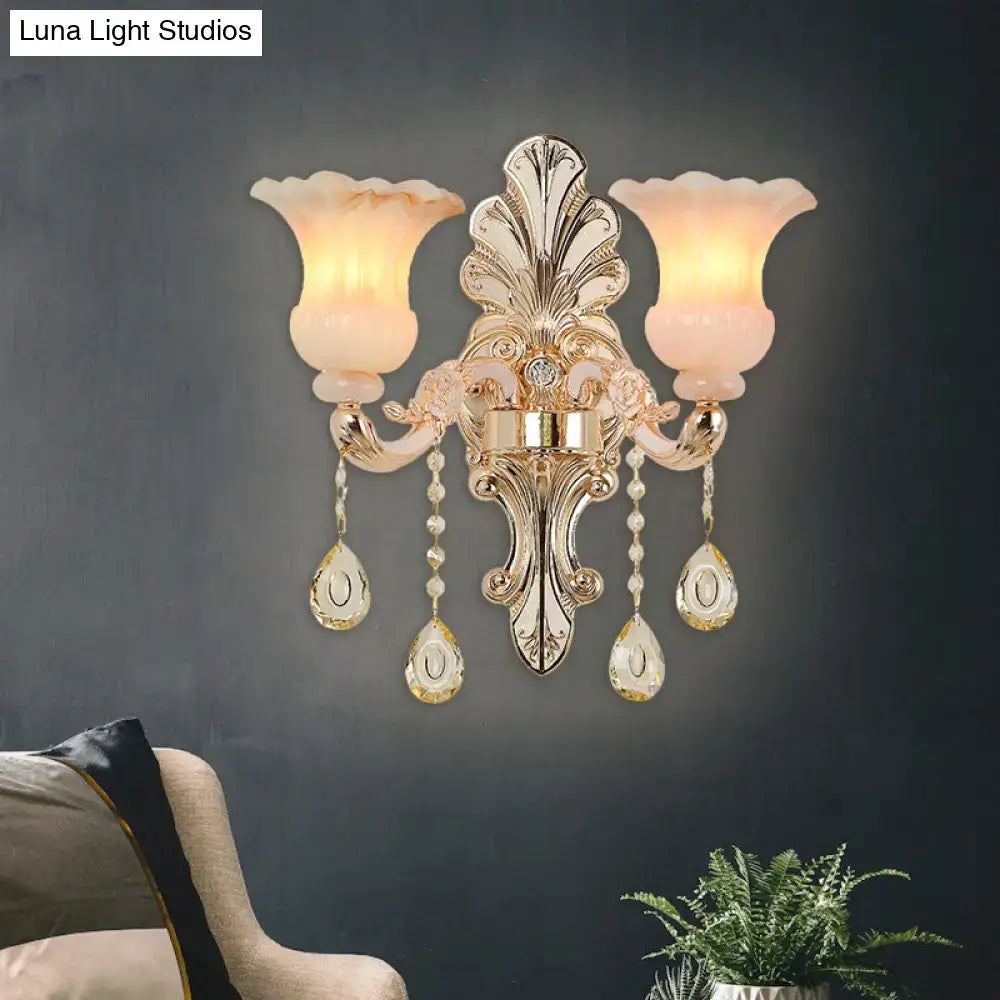 Chic gold and pink crystal wall lamp bedroom flower sconce