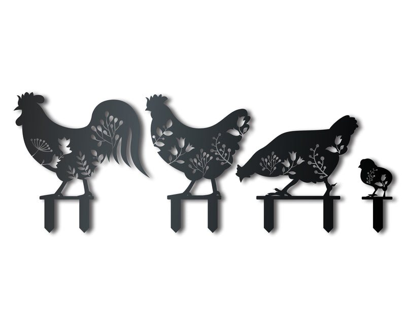 Metal Chicken Garden Stakes | 4 Piece Set | Outdoor | Up to 30" | Over 20 Color Options