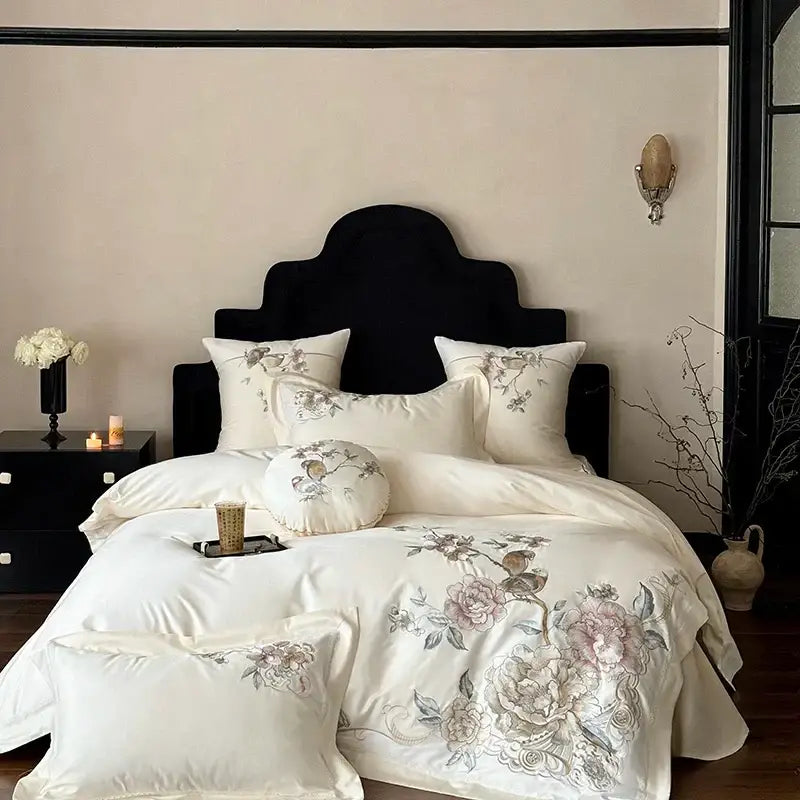 Chinese flowers bird embroidery bedding set bedroom white satin duvet