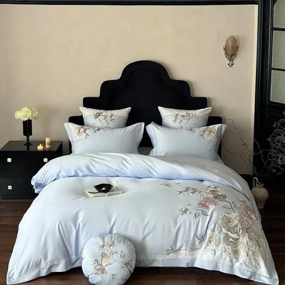 Chinese flowers bird embroidery bedding set bedroom white satin duvet