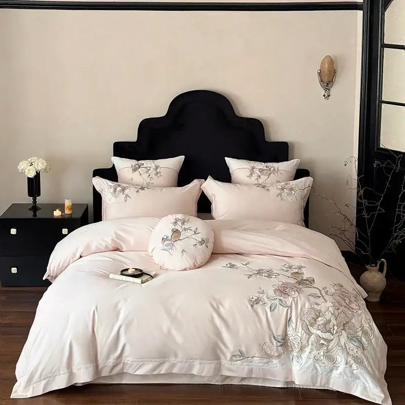 Chinese flowers bird embroidery bedding set bedroom white satin duvet