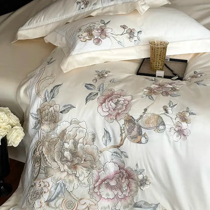 Chinese flowers bird embroidery bedding set bedroom white satin duvet