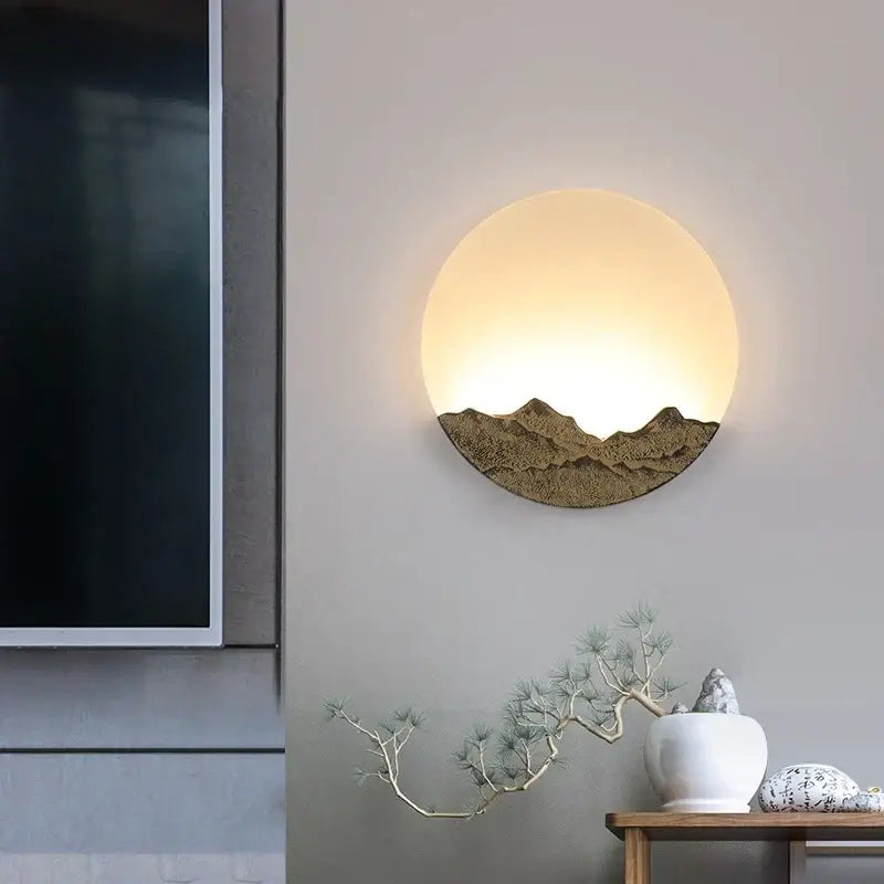 Chinese mountain embossed bronze & gold led wall light living room