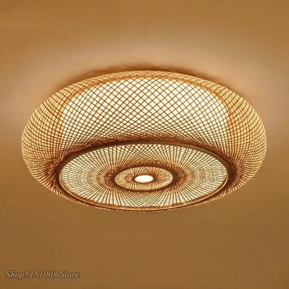 Chinese style bamboo wicker rattan round ceiling light living room