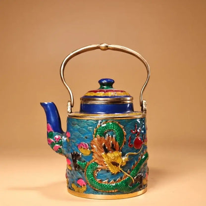 Chinese style blue & gold enamel pan kitchen dragon cloisonné
