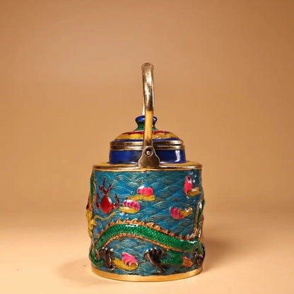 Chinese style blue & gold enamel pan kitchen dragon cloisonné