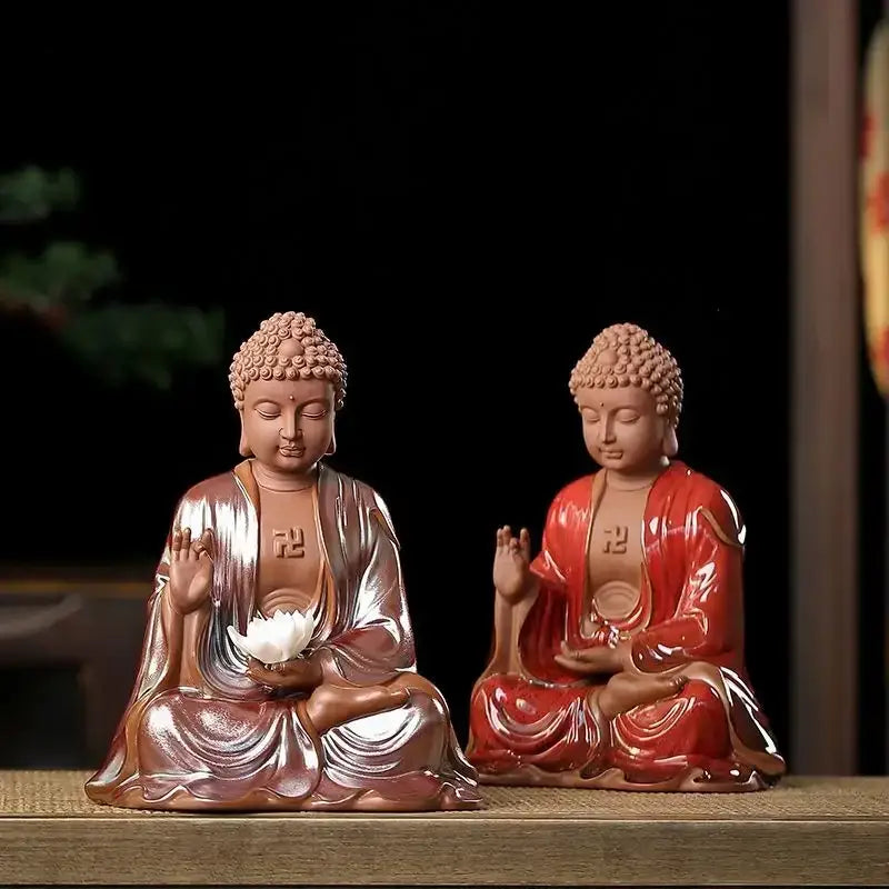Chinese style bronze & silver ceramic sakyamuni buddha statue living room