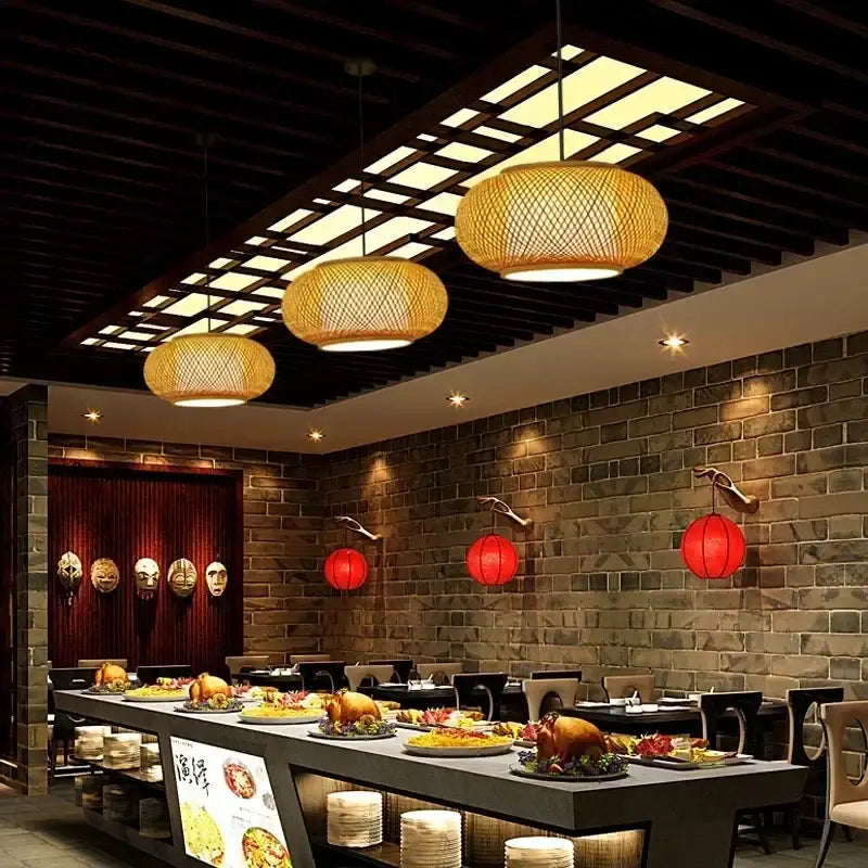 Chinese style natural bamboo weave pendant lamp dining room lighting