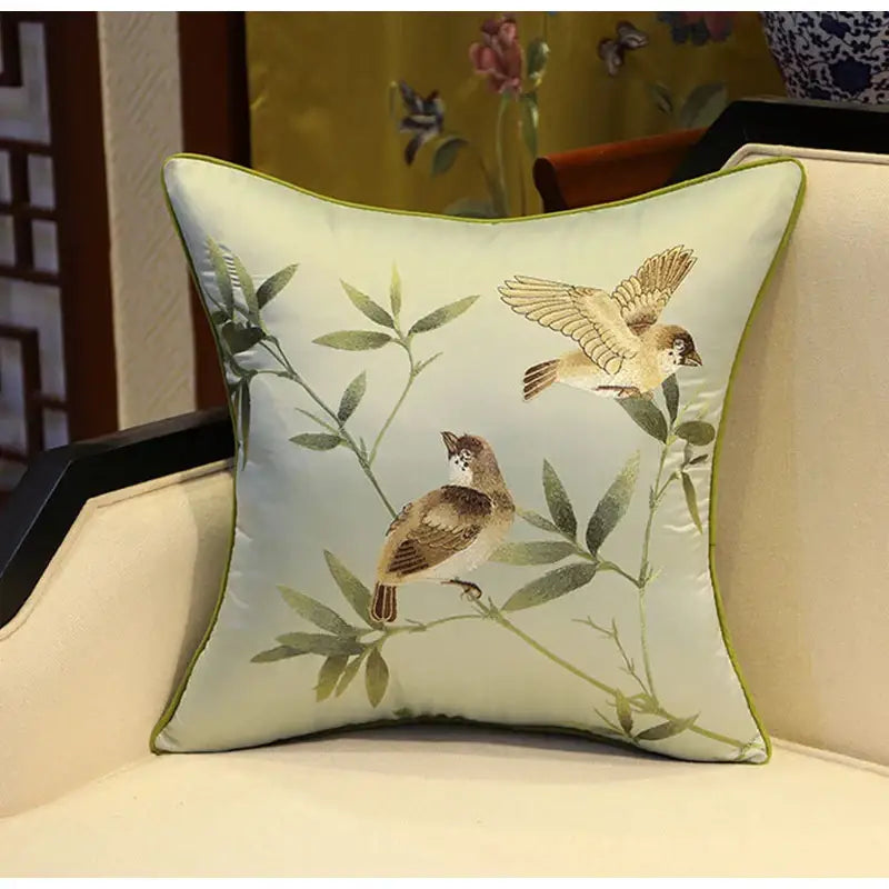 Chinoiserie golden yellow birds branches embroidered pillow covers living room
