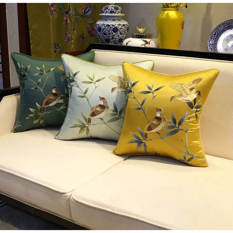 Chinoiserie golden yellow birds branches embroidered pillow covers living room