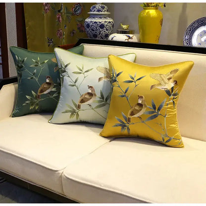 Chinoiserie golden yellow birds branches embroidered pillow covers living room