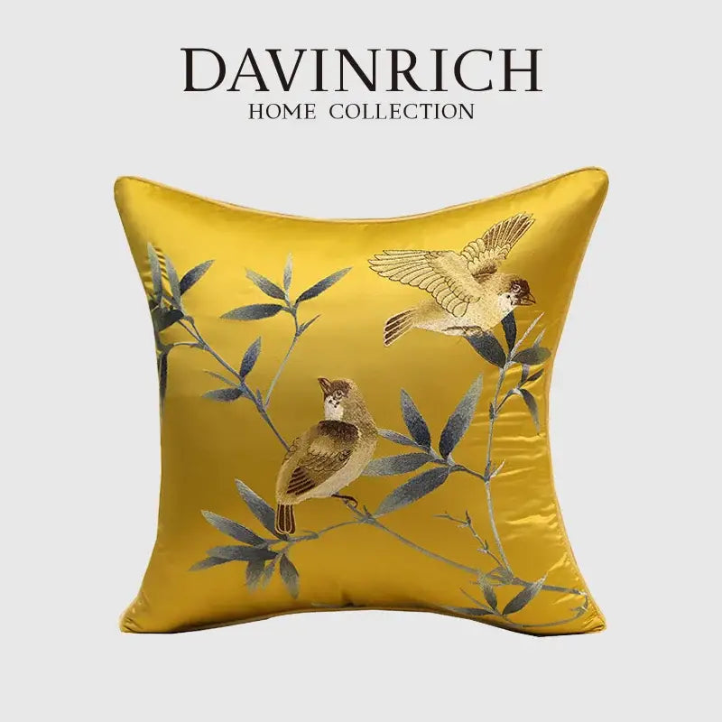 Chinoiserie golden yellow birds branches embroidered pillow covers living room