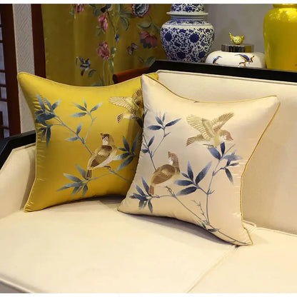 Chinoiserie golden yellow birds branches embroidered pillow covers living room