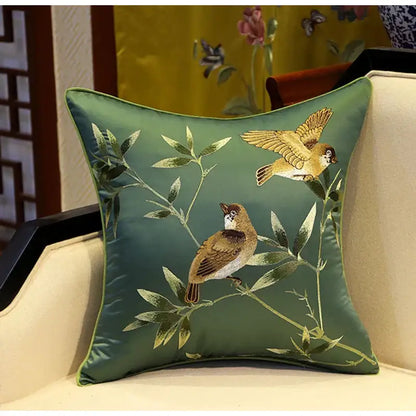 Chinoiserie golden yellow birds branches embroidered pillow covers living room