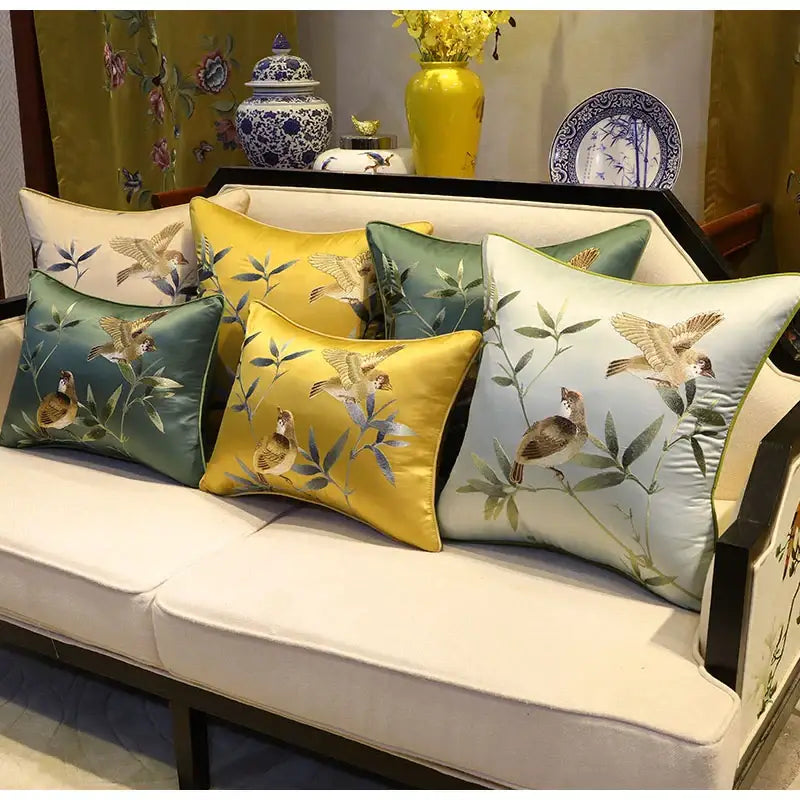 Chinoiserie golden yellow birds branches embroidered pillow covers living room
