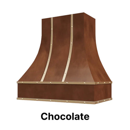 Wood Range Hood With Curved Front, Brass Strapping and Buttons - 30", 36", 42", 48", 54" and 60" Widths Available