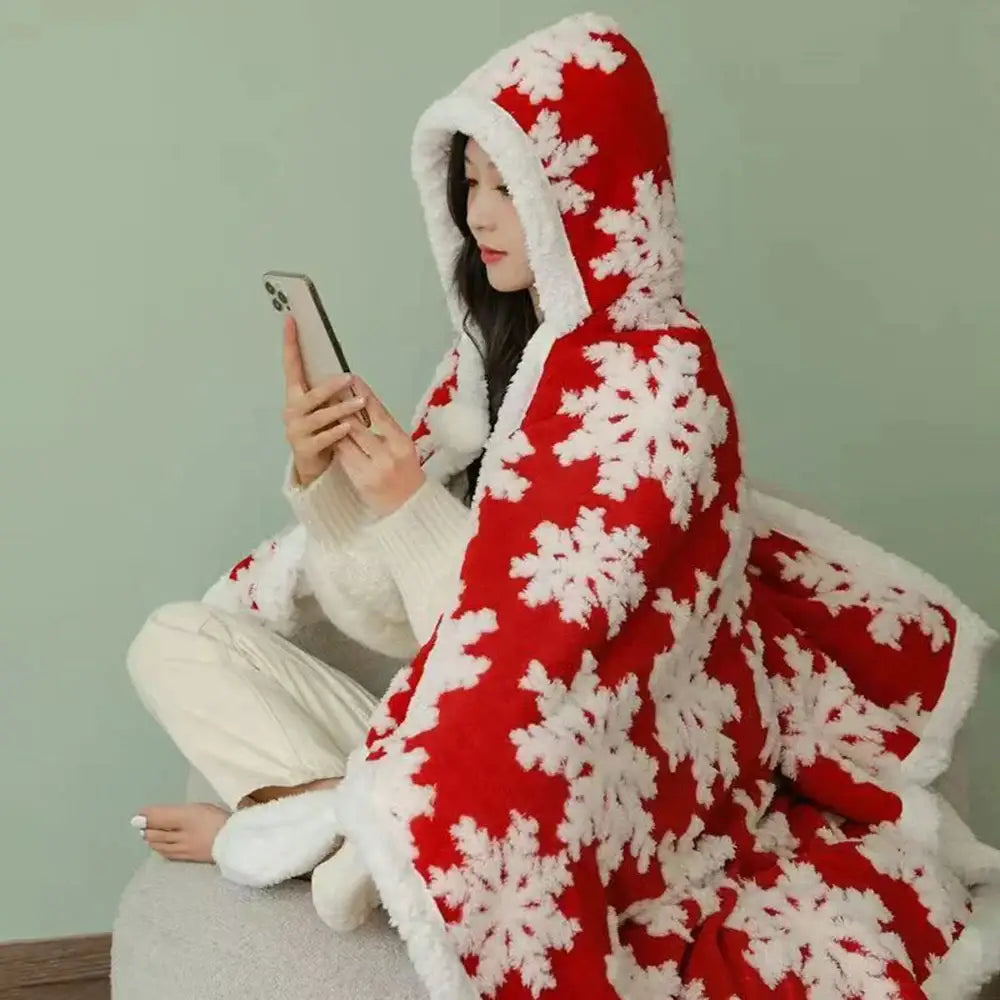 Christmas red & white snowflake wearable blanket bedroom coral velvet