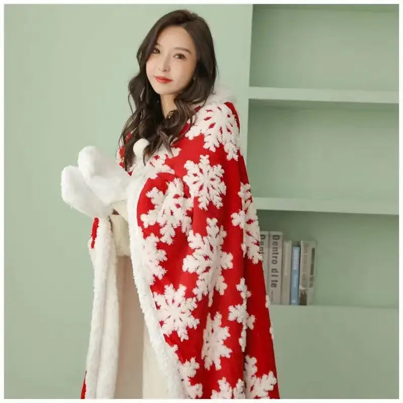 Christmas red & white snowflake wearable blanket bedroom coral velvet